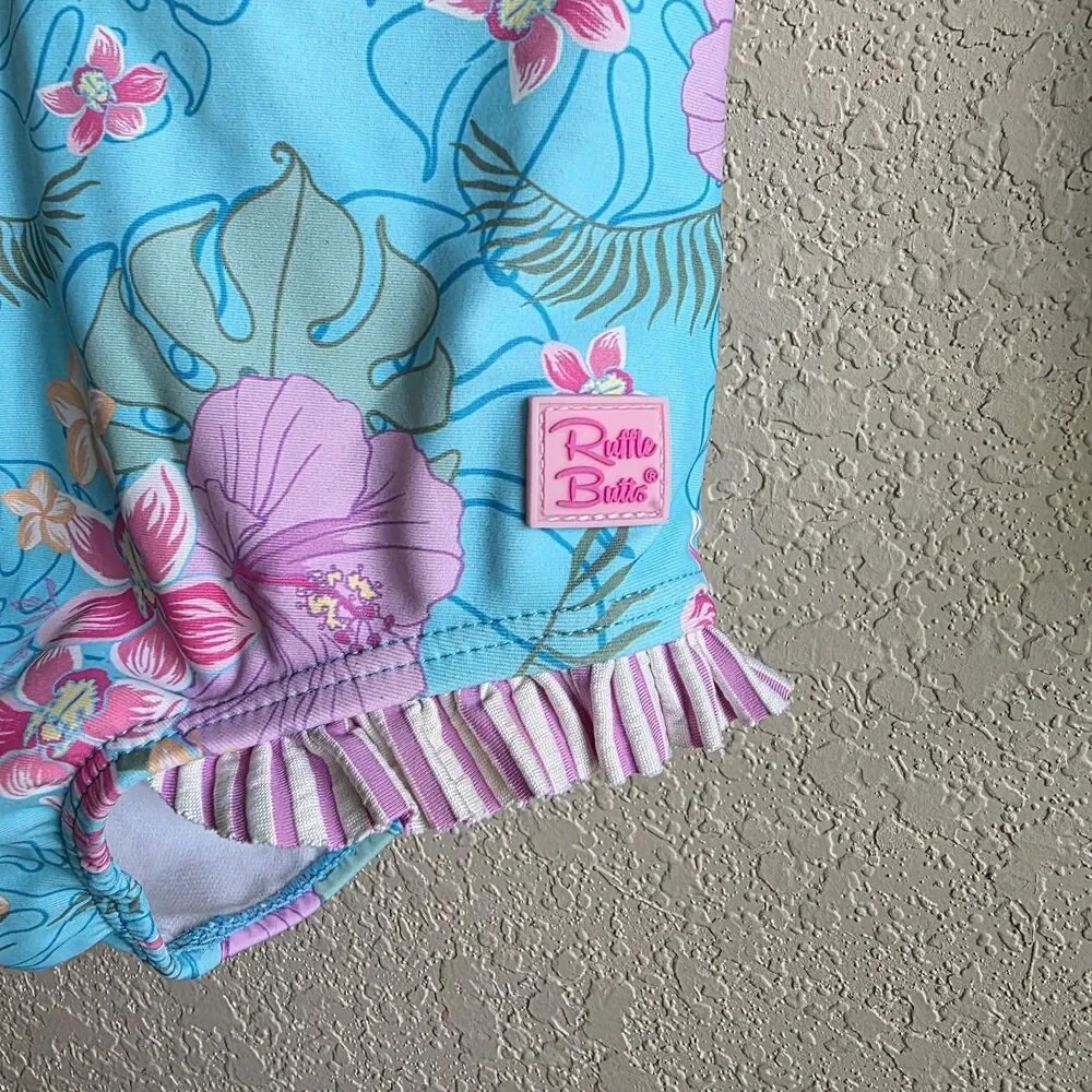 Ruffle Butts Orchid Oasis One Piece Rashguard Swimsuit Girl Size 5 Blue Hibiscus